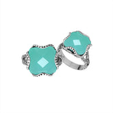 Sterling Silver Green Chalcedony Quartz fancy cross-cut faceted women’s ring with bead edge and floral accents